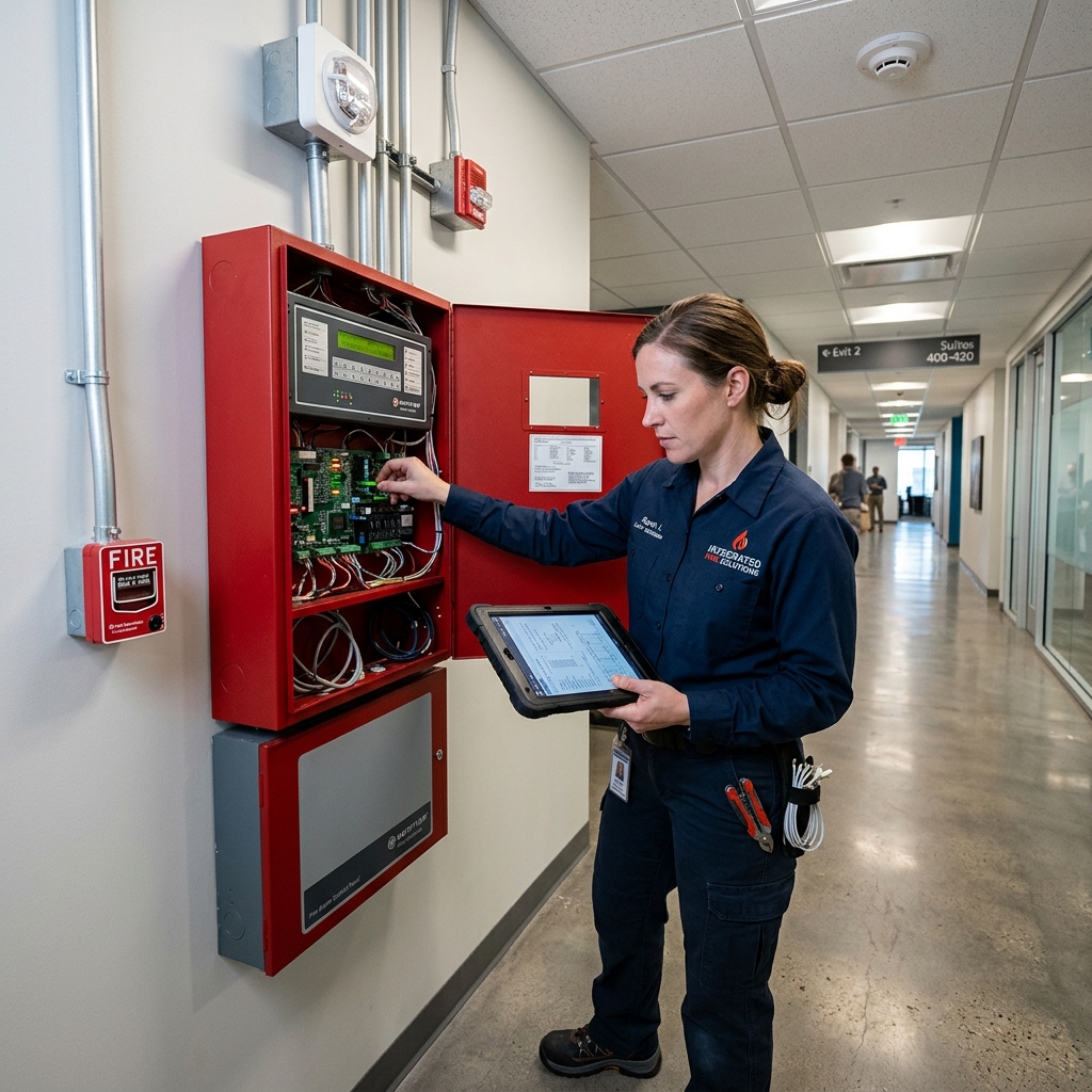 Fire alarm technician inspecting commercial fire safety equipment